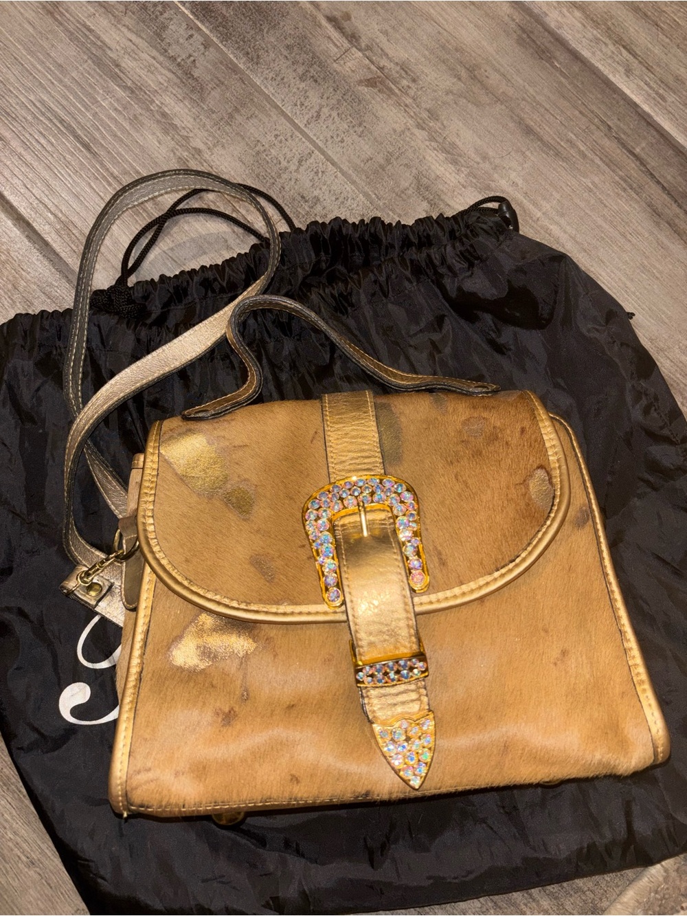 Gold Cowhide Crossbody Bag with Crystal Buckle